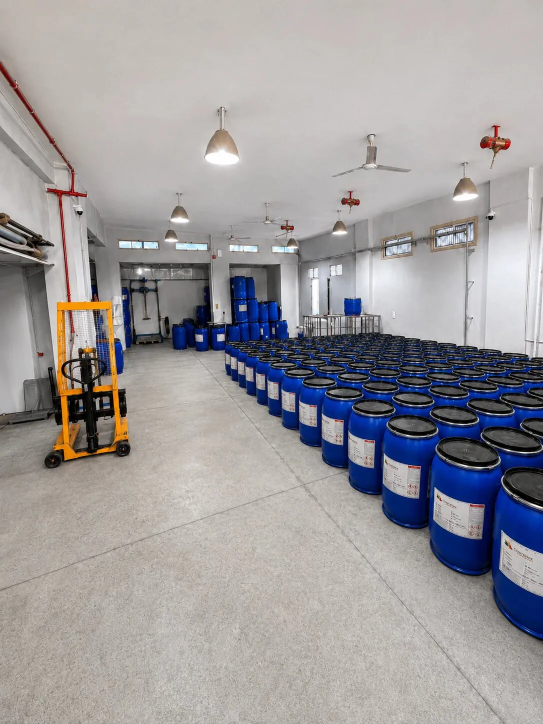 Labelled Chematex drums in the warehouse, ready to ship